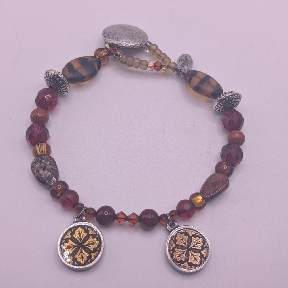 Vintage Danforth Pewterers Pewter & Art Glass Bead Bracelet Flower Toggle